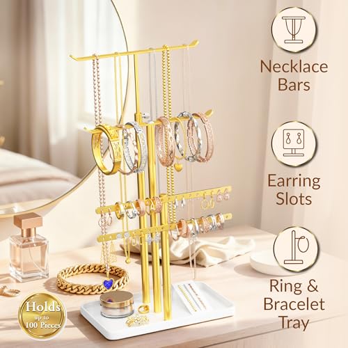 Adjustable Gold Jewelry Tower Stand Organizer for Women - Elegant Display with Necklace, Earring & Bracelet Holders