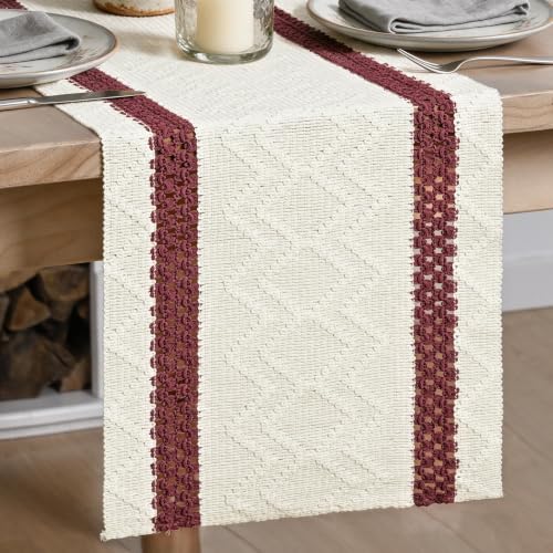 Rustic Woven Table Runner 12x72 Inch - Red Stripe, Durable Cotton Polyester