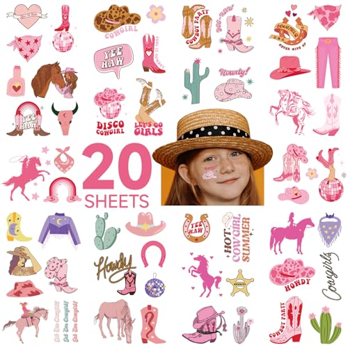 EMOME 20 Sheets Cowgirl Temporary Tattoos for Kids Rodeo Party Favors