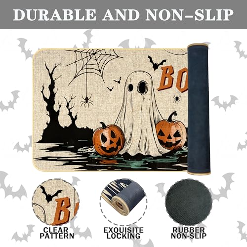 Halloween Doormat with Pumpkins & Ghosts - Non-Slip Rubber Backing, 17x29 Inch
