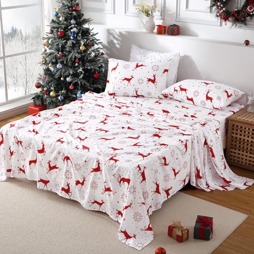 Christmas Queen Bed Sheet Set with Reindeer Pattern - Microfiber, Soft & Breathable, Deep Pockets, Red, 4-Piece