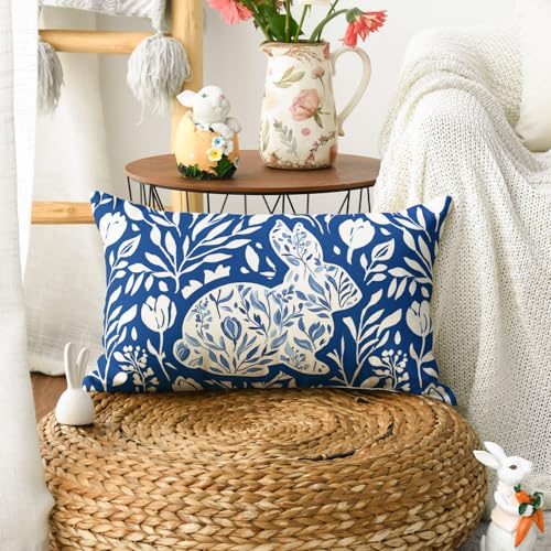 Easter Bunny Throw Pillow Cover - Dark Blue & White, 12x20 Inch