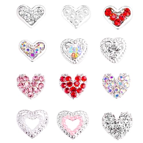3D Heart Nail Charms Rhinestones Silver Alloy Crystal Gems 12Pcs