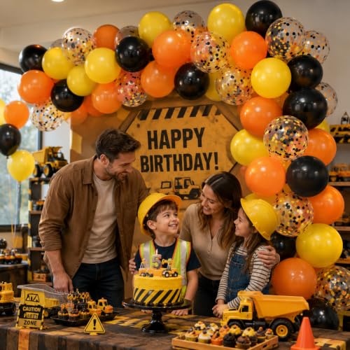 50-Piece Construction Party Balloons Set - Orange, Black & Yellow Decor