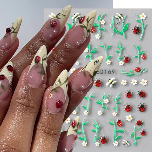 ZOAZJINAZ Ladybug & Floral Nail Stickers 3 Sheets - Embossed Spring Floral Nail Decals
