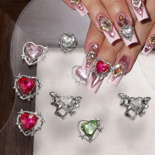 GUAACCB 15Pcs 3D Heart & Butterfly Nail Charms Silver Rhinestones