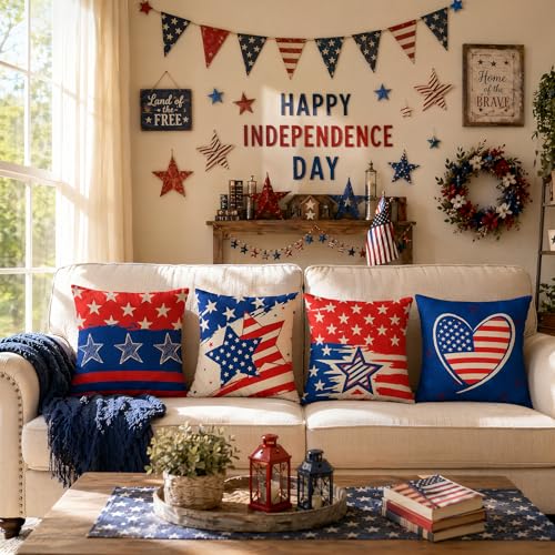 Patriotic 18x18 Linen Pillow Covers Set of 4 - Stars & Stripes