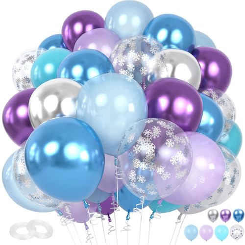 Frozen Theme Balloon Set - 60 Pcs Purple, Blue & Silver Confetti