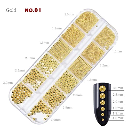 Bellecrey Gold Nail Beads Caviar Mini Steel Charms Assorted Sizes 12 Grids