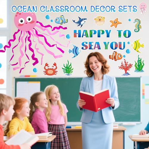 Ocean Themed Classroom Bulletin Board Decorations with Octopus & Fish