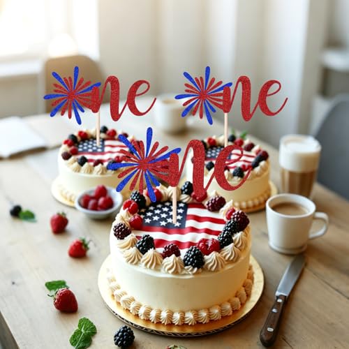 4th of July Cake Toppers - Red, White & Blue Glitter Set for 1st Birthday