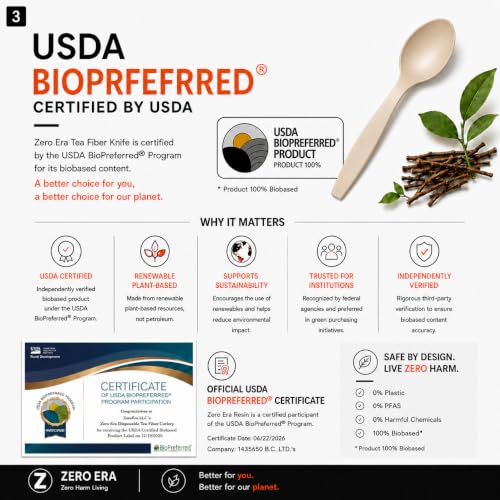 Zero Era Compostable Disposable Spoon, 10 Count - Eco-Friendly Tea Fiber Cutlery