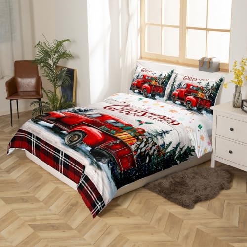 Christmas King Size Duvet Cover Set with Truck & Checkered Design - Rustic Holiday Bedding 3Pcs