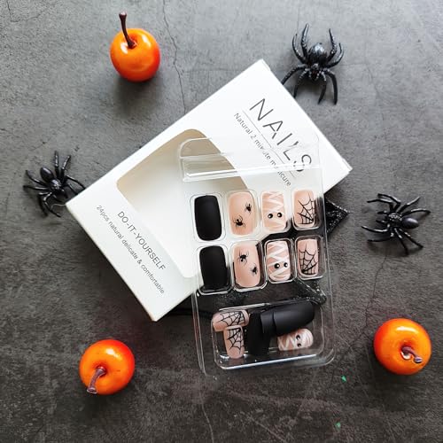 KKUUOO Halloween Press on Nails Cute Ghost & Spider Web Square False Nails