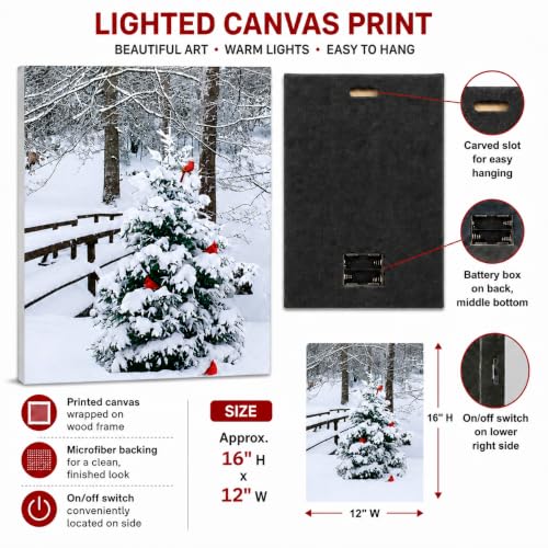 Cardinals on Snow Lighted Canvas Wall Art - Winter Scene with LED Fiber Optic Lights - 16x12 Inches - Variation 1