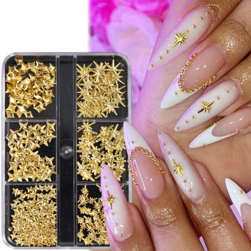 Gold Star Nail Charms and Caviar Beads Set - Y2K Metal Rhinestone Studs for Acrylic Nails DIY Manicure