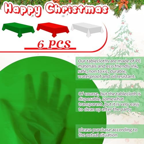Christmas Tablecloth Set - 6 Disposable Plastic Covers 60 x 102 Inches in Red, Green, White - Holiday Party Decor