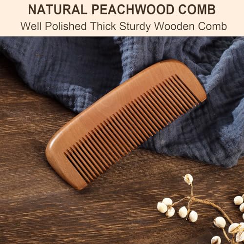 Wooden Beard Comb for Men Fine Tooth Peachwood Grooming Comb with Pouch
