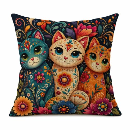 SheEasy 16x16 Inch Colorful Cats Pillow Cover - Farmhouse Linen Decor, Pack of 1