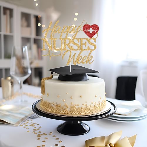 Happy Nurses Week Cake Topper - Gold & Red Glitter Decoration