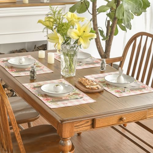 Artoid Mode Pink Buffalo Plaid Bunny Rabbit Placemats Set of 4