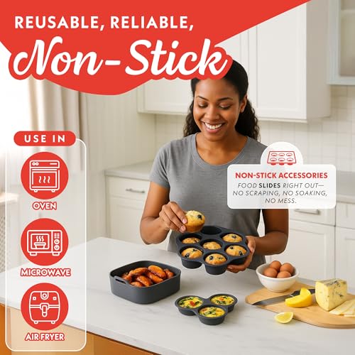 Gourmia Air Fryer Accessories Set - 3 Piece Silicone, Liner, Egg Bite Cooker, 7-Hole Cupcake Mold, BPA-Free, Nonstick, Heat Resistant 445¡ÆF, Dishwasher Safe, Food Grade
