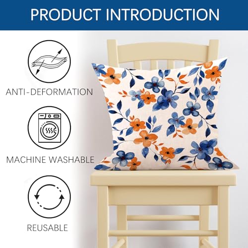 Blue Orange Flowers Decorative Throw Pillow Covers - Set of 4, 18x18
