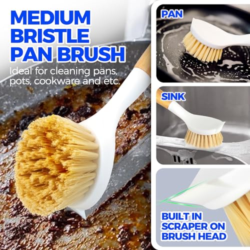 Holikme Bamboo Handle Dish Brush Set - 3 Pack Kitchen Scrubbers