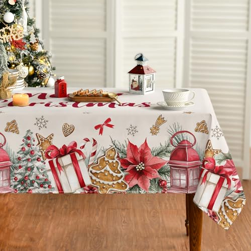 Christmas Tablecloth 60 x 84 Inch Rectangular Gifts and Trees Red - Holiday Decor