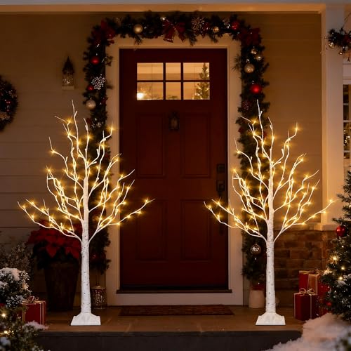 Lighted Birch Trees 4ft 2 Pack with Timer & LED Warm White Lights Indoor Outdoor