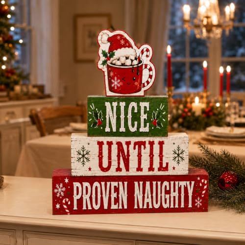 Christmas Hot Cocoa Wooden Tiered Tray Decor - Rustic Holiday Table Centerpiece
