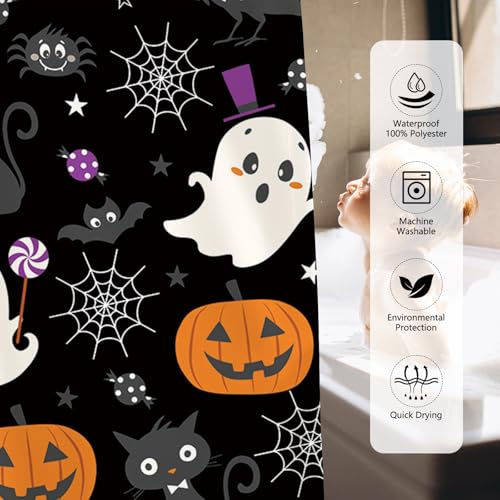 MEHOFOND Black Halloween Shower Curtain - Skull & Bat Design, 72x72 in