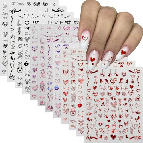 Valentine's Day 3D Self-Adhesive Heart Nail Stickers - 12 Sheets