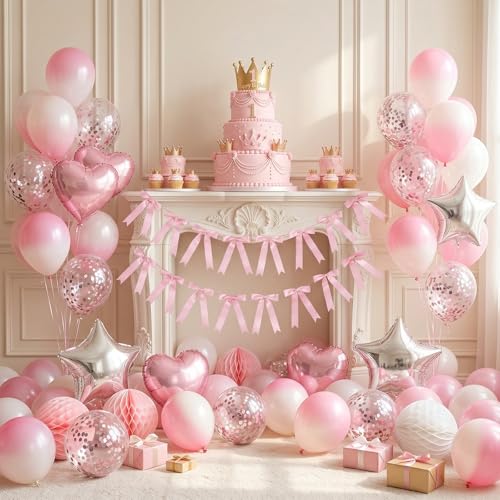 Eucehlre Pink Satin Bow Garlands - 16pcs Pre-Strung Party Decorations