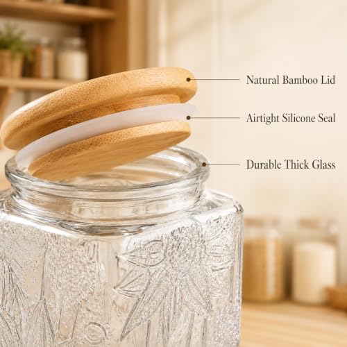 Storageasy Vintage Sunflower Glass Storage Jar - 25.3 FL OZ Square Container