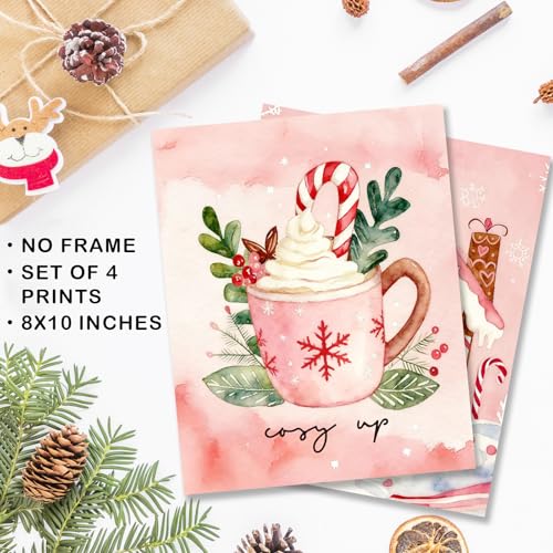 Pink Christmas Tree Gingerbread House Wall Art Prints Set of 4 - Holiday Decor