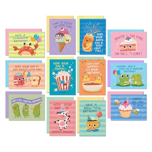 Funny Birthday Cards Bulk Set with Envelopes – 24 Punny Greeting Cards for Kids & Adults