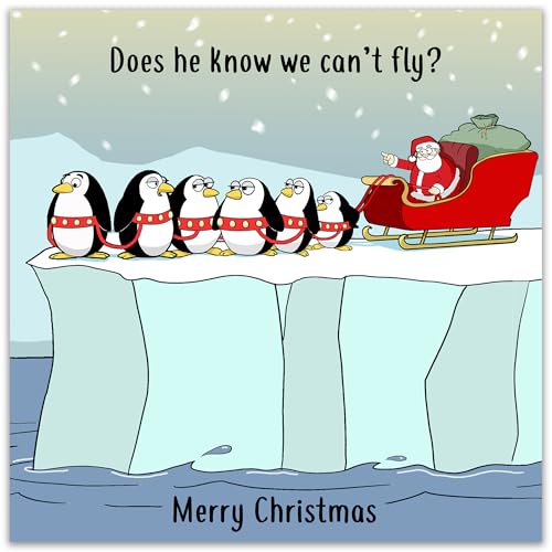 Funny Christmas Card - Sleigh Penguins Holiday Greeting Card for Men Women Kids