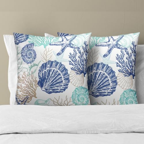 Anyako Nautical Coastal 18x18 Pillow Covers - Seashell Print, Set of 2