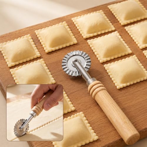 Fluted Pastry Wheel Cutter - 6.3 Inch Metal Dough Cutter with Oak Handle