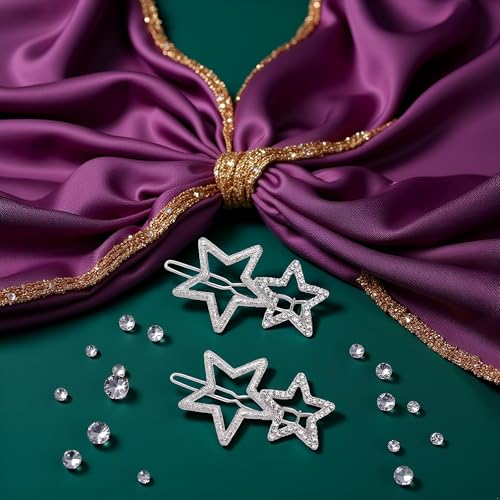 Silver Bling Rhinestone Star Hair Clips Set - 2Pcs Metal Geometric Barrettes