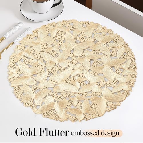 Quantum Love Gold Butterfly Round Placemats Set of 6 - Elegant Vinyl Table Mats