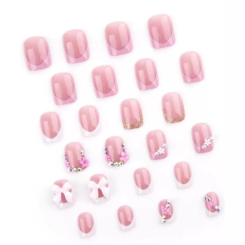 Short Square Press on Nails with 3D Bow Flower Charms Glossy False Nails