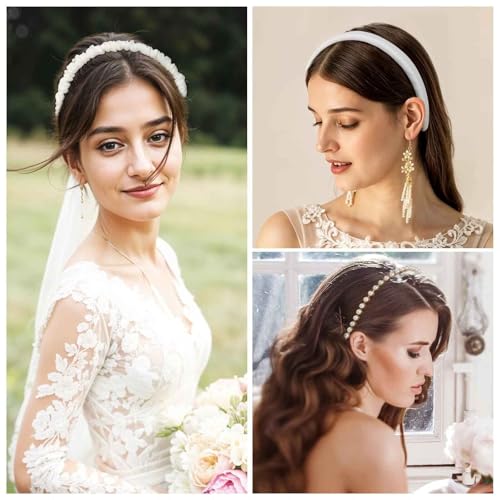 DPWOUM 3 PCS White Pearl Headbands - Non Slip Twisted Wide Hair Accessories for Women