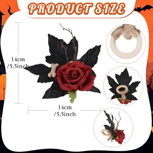 Gothic Napkin Rings Set of 2 with Black Leaves & Red Rose