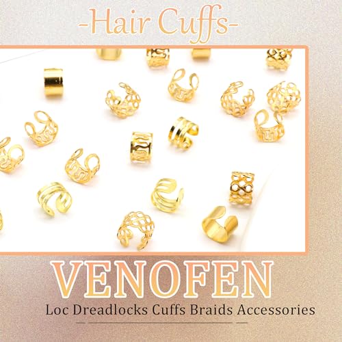 VENOFEN 40PCS Gold Hair Cuffs for Dreadlocks & Braids - Adjustable Metal Alloy Hair Rings