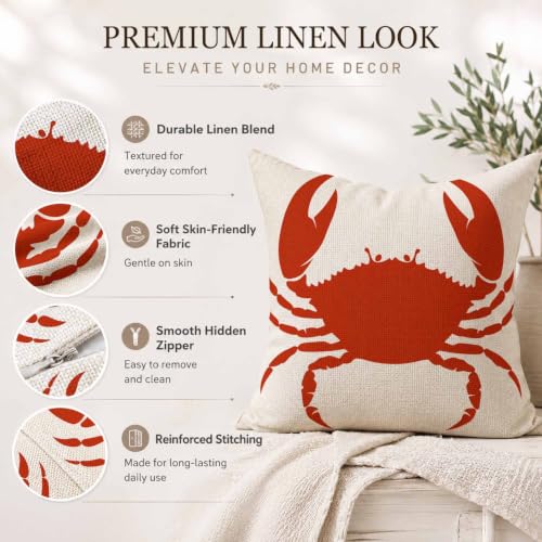 Red Crab Linen Throw Pillow Cover 18x18 Inch Nautical Decorative Cushion for Couch & Bedroom