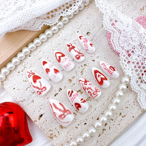 Valentines Press on Nails Medium Almond Fake Nails with Pearls and Bows