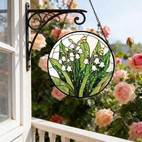 Lily of the Valley Stained Glass Window Hanging Suncatcher - White and Green, 7.8 Inch