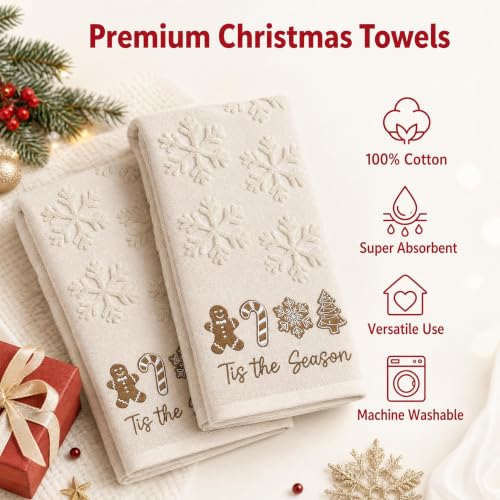 Christmas Hand Towels Set - Grey Snowflake & Embroidered Snowman, 2 Pack, Cotton, Beige Gingerbread Man Variation